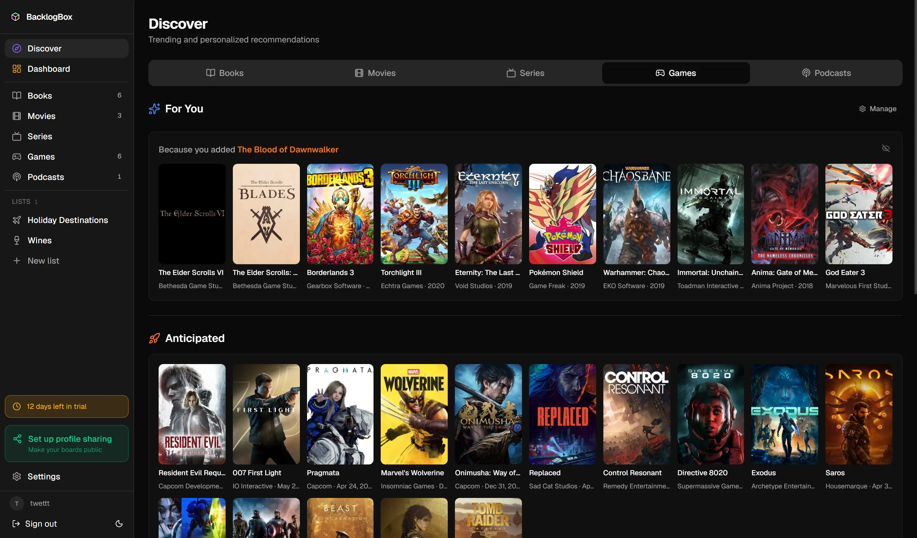 BacklogBox discover page showing personalized recommendations, trending titles, and upcoming releases with cover art
